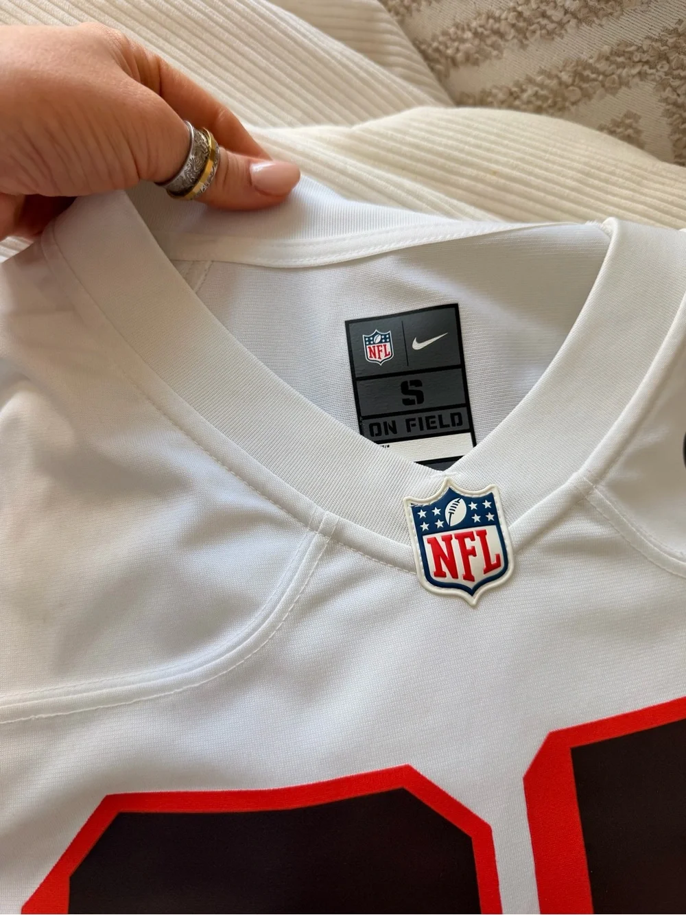 Nike Men’s White NFL #95 Jersey with Black and Red Accents